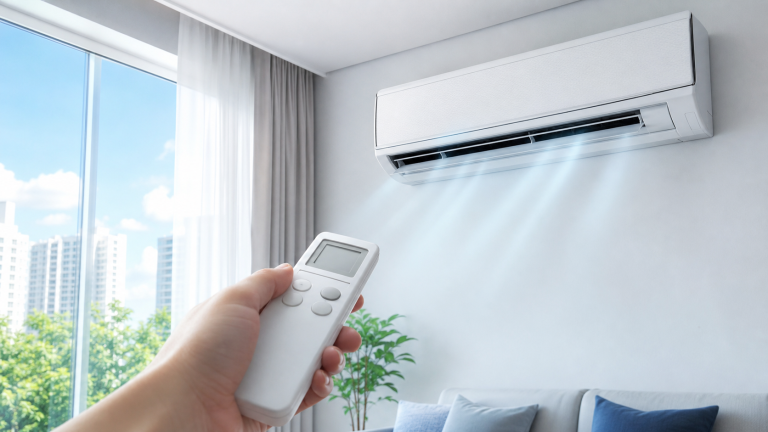 여름 오후 거실에서 에어컨 온도를 조절하는 모습