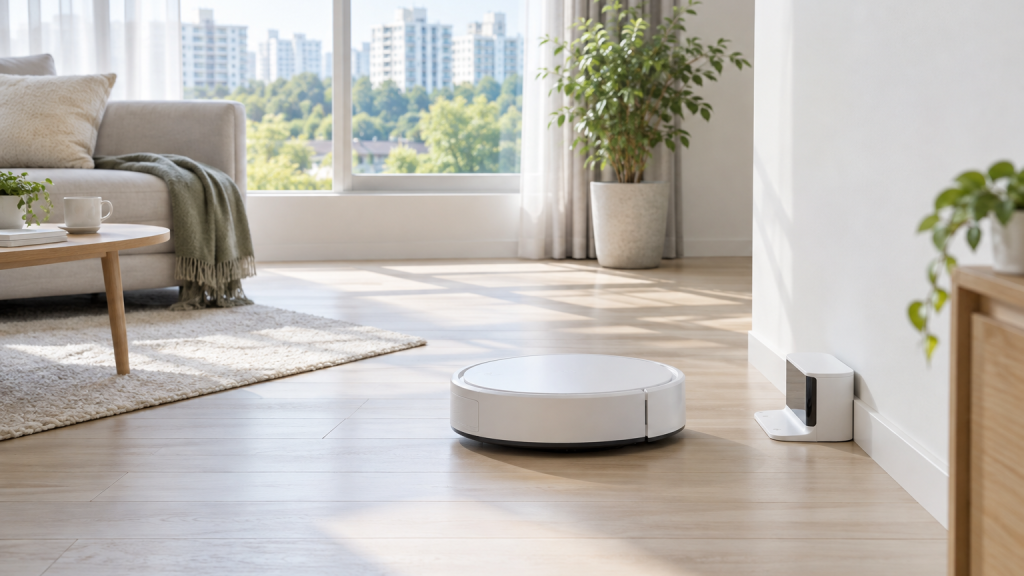 정돈된 거실 바닥 위의 로봇청소기