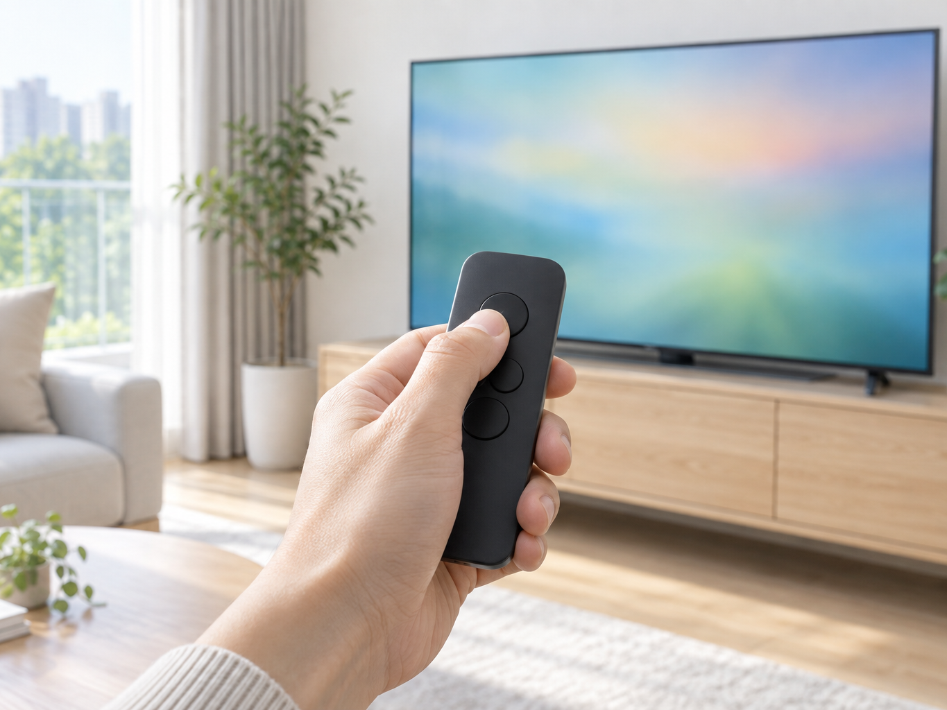 리모컨으로 TV 화면 설정을 바꾸는 모습