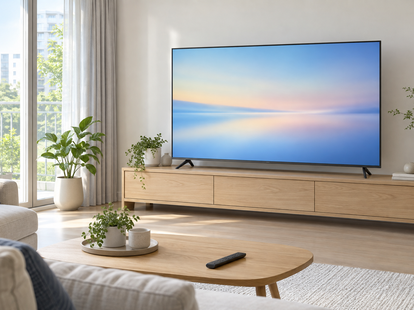 은은한 조명이 켜진 거실의 TV